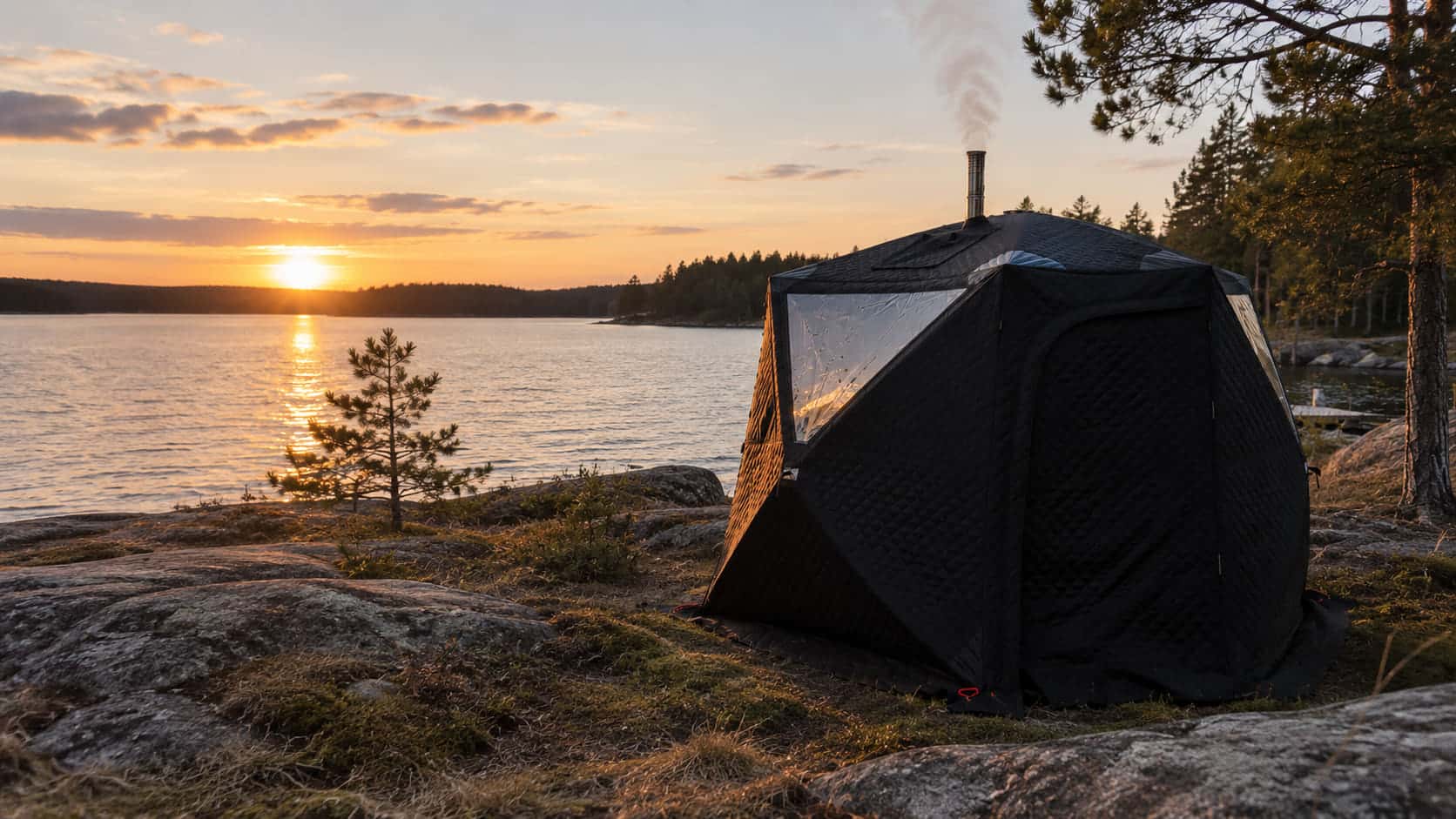 Bastutält med rykande skorsten på en klippa vid sjön i solnedgång